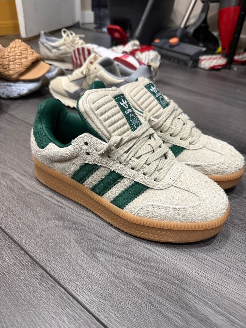 adidas Cream and Green Suede Three-Stripe Sneakers with Gum Sole